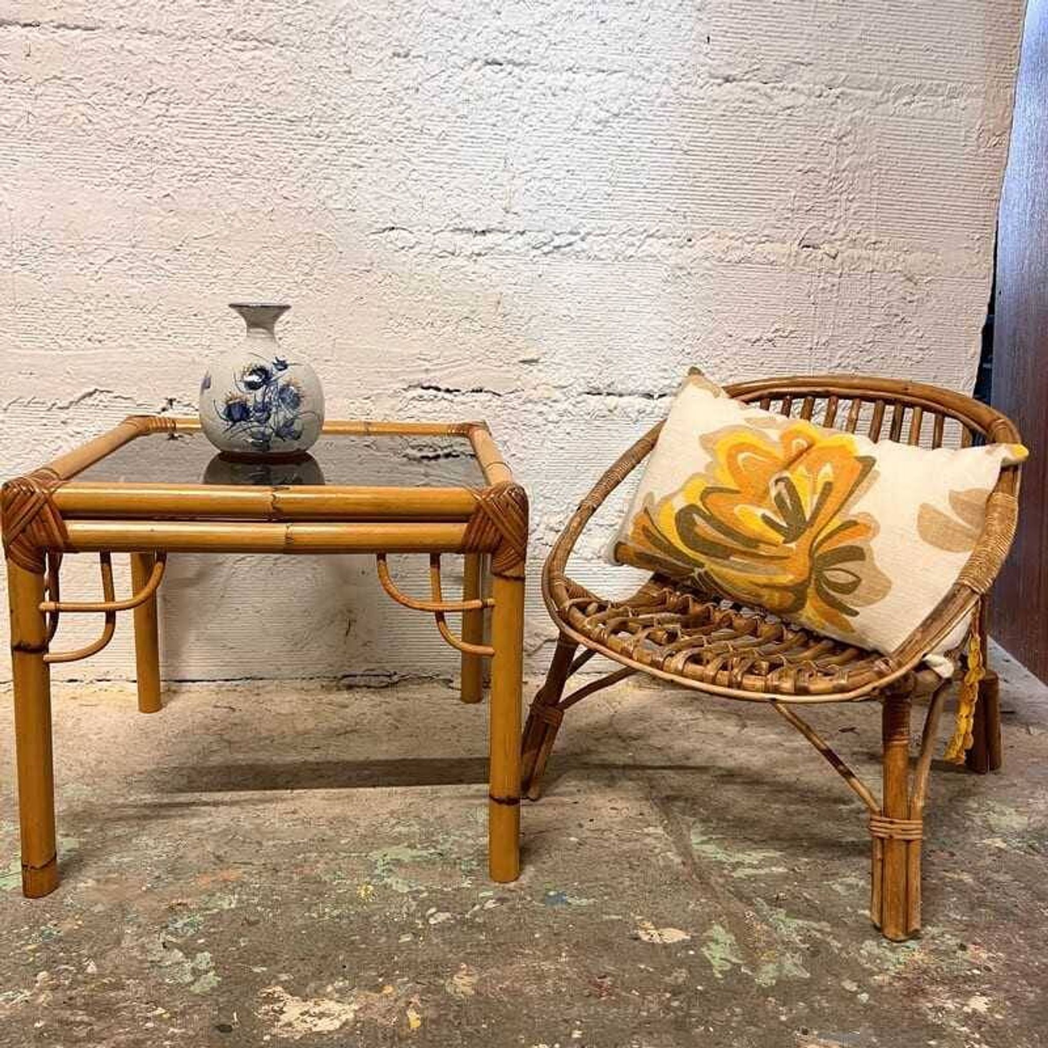 Rattan and glass side table