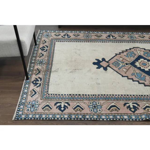 1970s Vintage Turkish Handmade Wool & Cotton Beige Area Rug 158x246