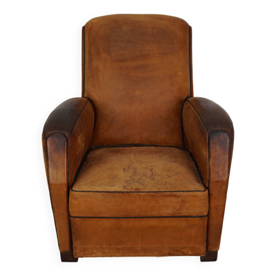 Fauteuil club vintage en cuir couleur cognac français, années 1950