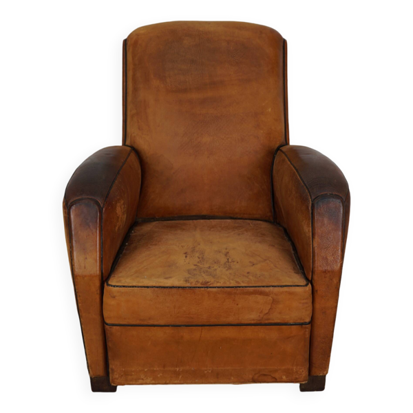 Fauteuil club vintage en cuir couleur cognac français, années 1950