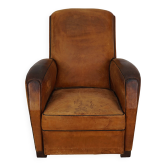 Vintage French Cognac-Colored Leather Club Chair, 1950s