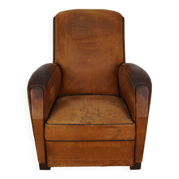 Fauteuil club vintage en cuir couleur cognac français, années 1950