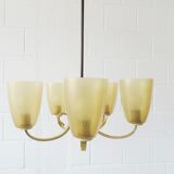 Five-armed chandelier made of brass and glass