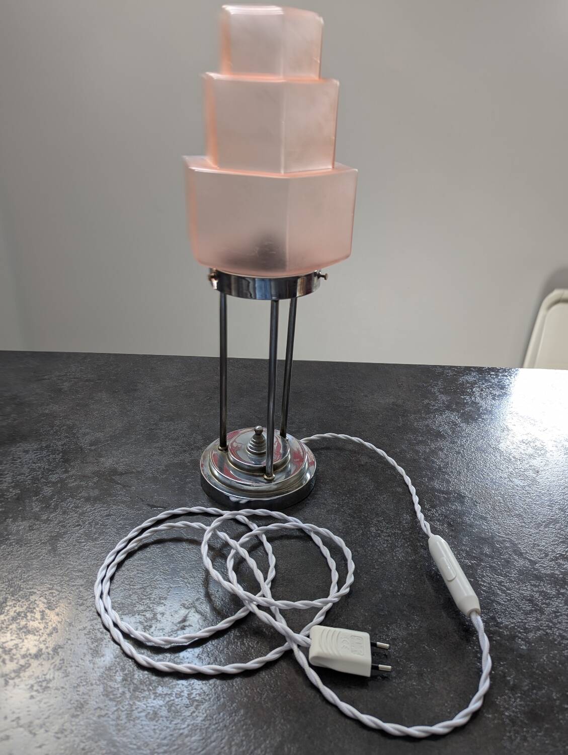 Vintage Skyscraper ceiling light, pink glass table lamp, Bauhaus Art.