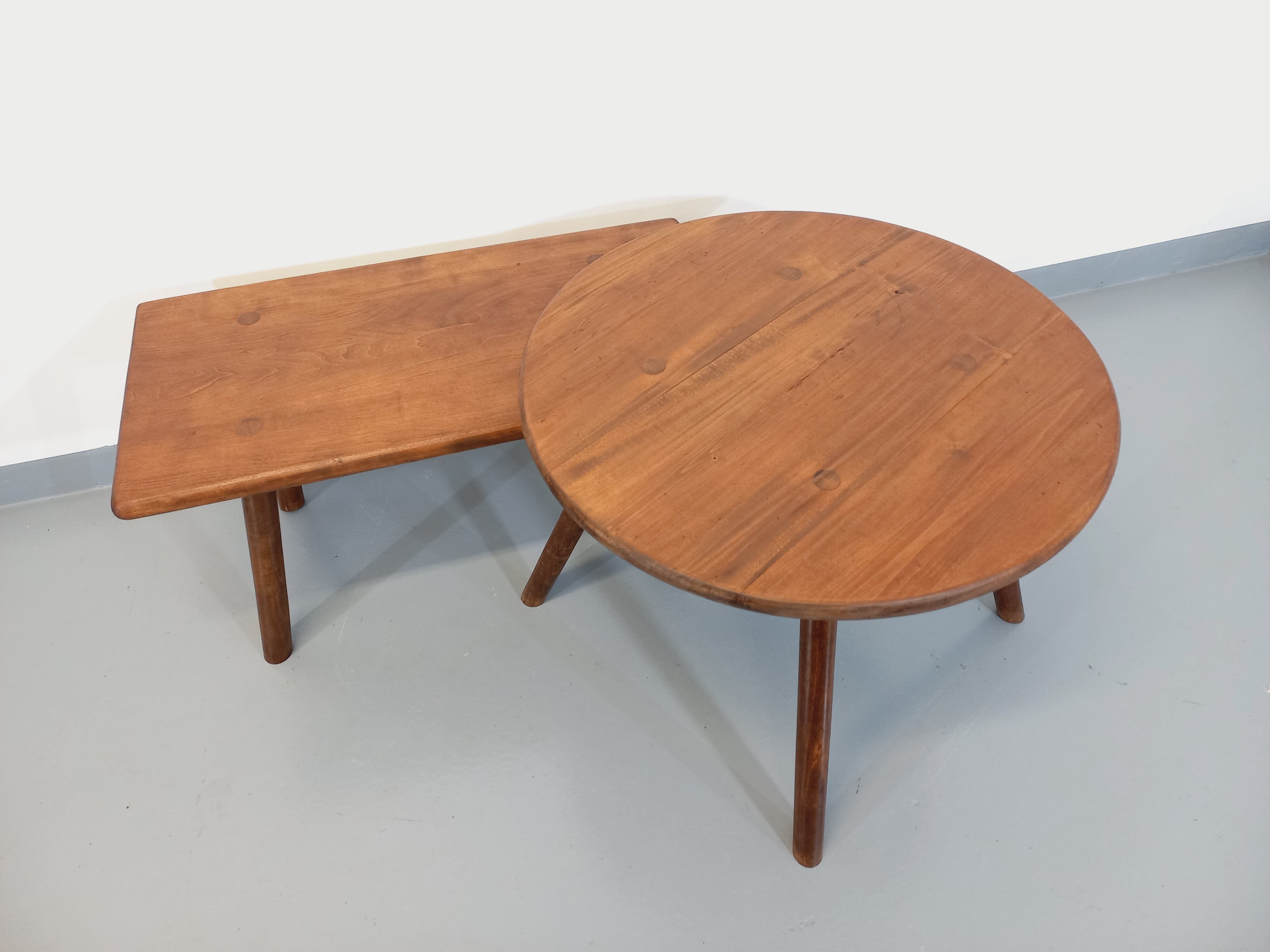Vintage round brutalist coffee table in solid oak wood from the 50s