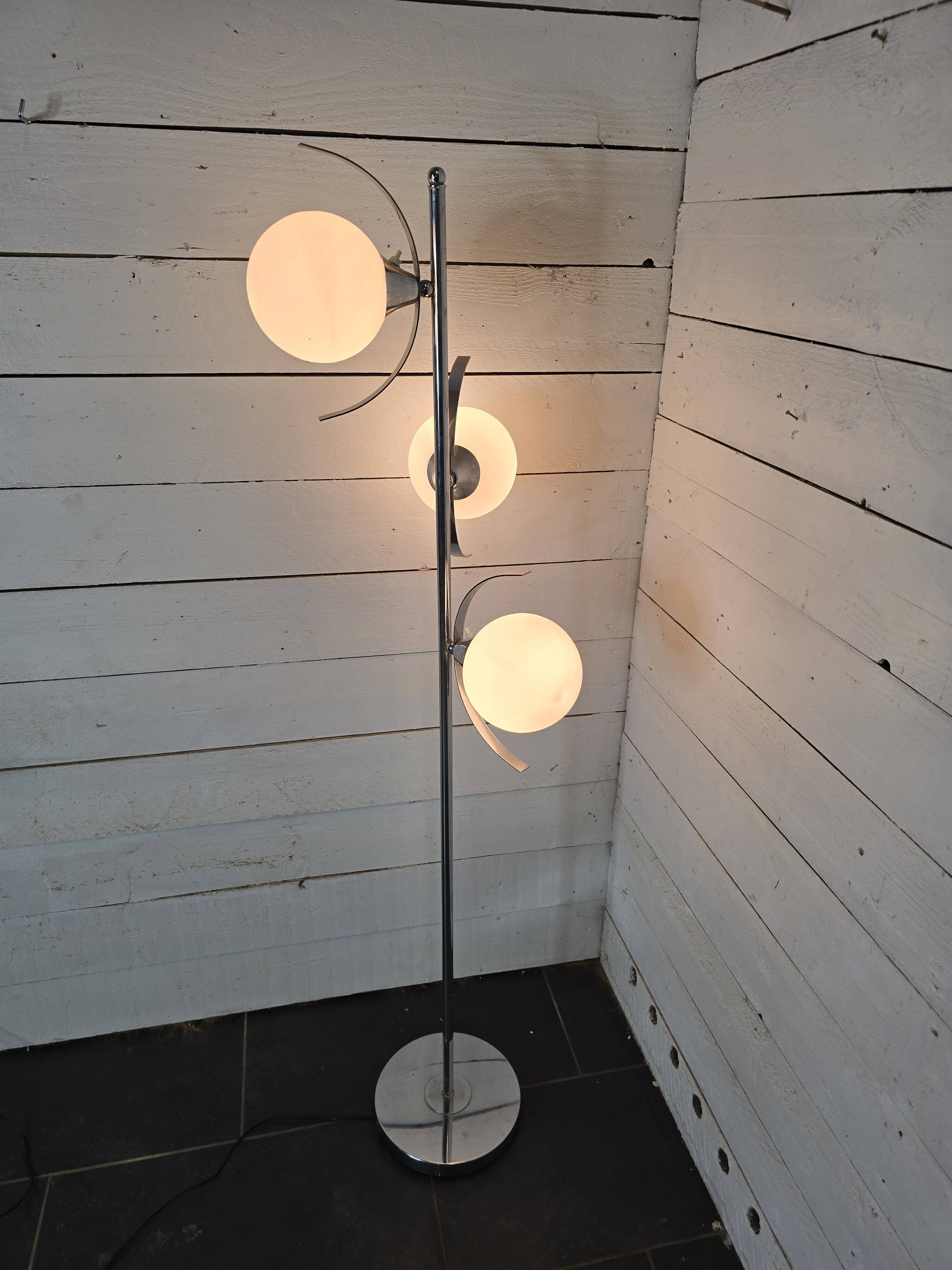 70s chrome metal floor lamp with 3 opaline ball lights