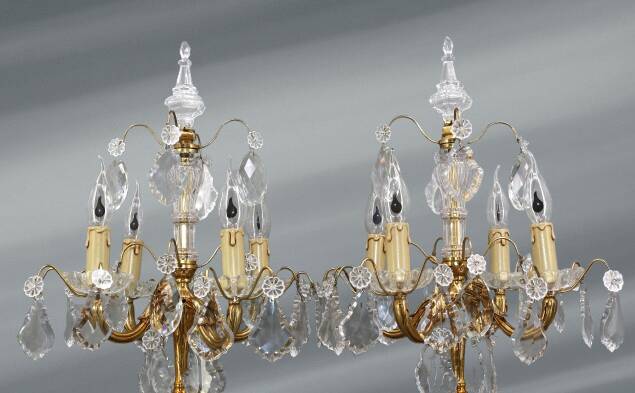 Pair of Louis XV Style Bronze & Crystal Chandeliers with 4 Lights