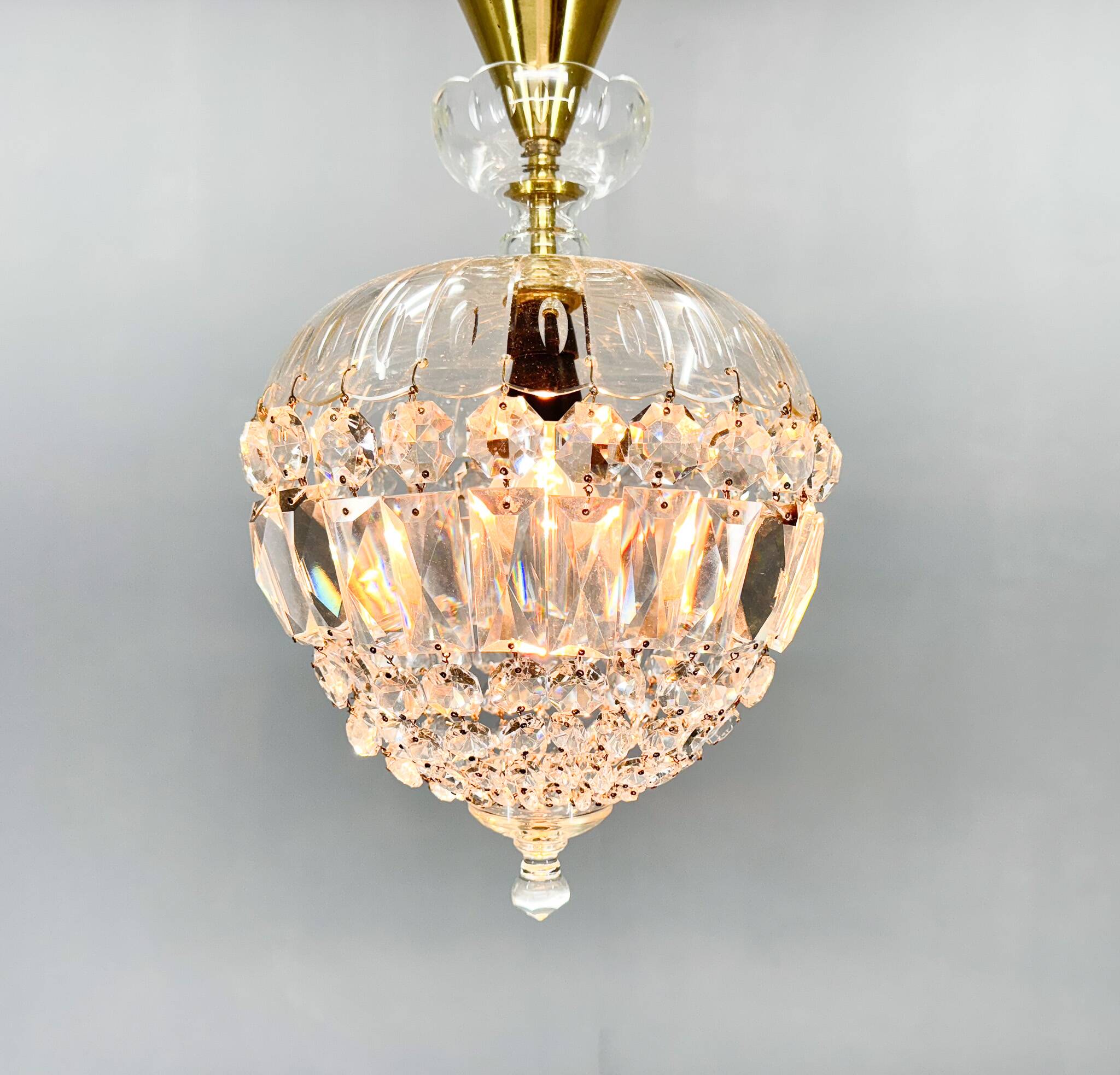 Mid Century Crystal & Brass Chandelier, Czechoslovakia