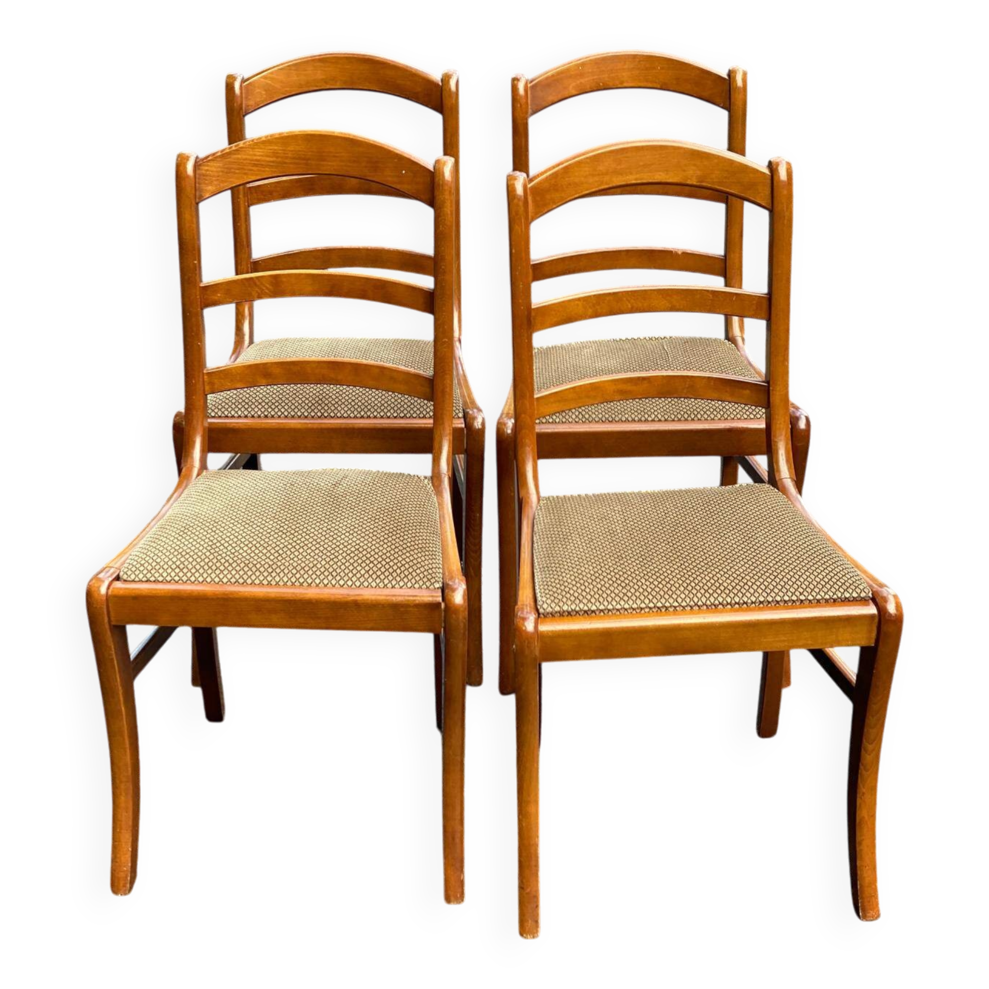 4 chairs in solid blond wood and brown beige embroidered tiled velvet suede