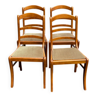 4 chairs in solid blond wood and brown beige embroidered tiled velvet suede