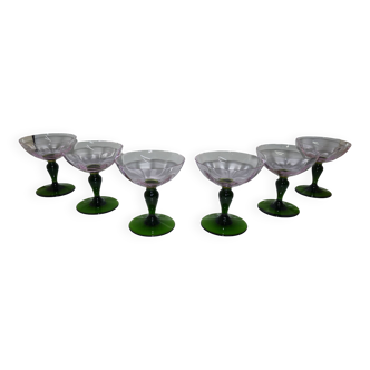 lot 6 portieux crystal champagne glass / signed / green and pink isabelle model / like new