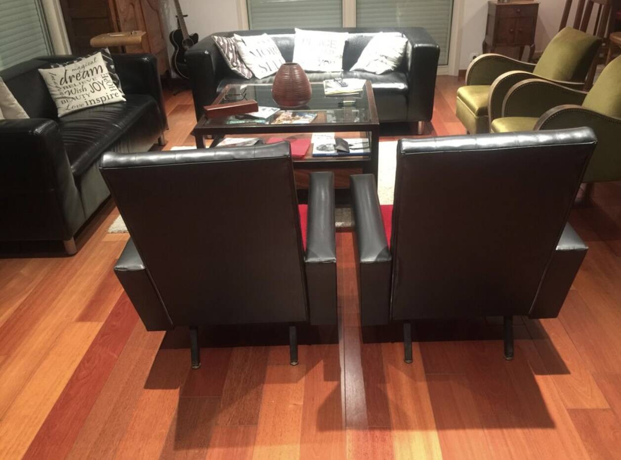 Pair of vintage armchairs in skai and fur