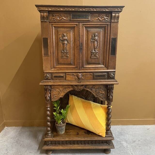 Antique carved wooden jam cupboard, two-part piece of furniture