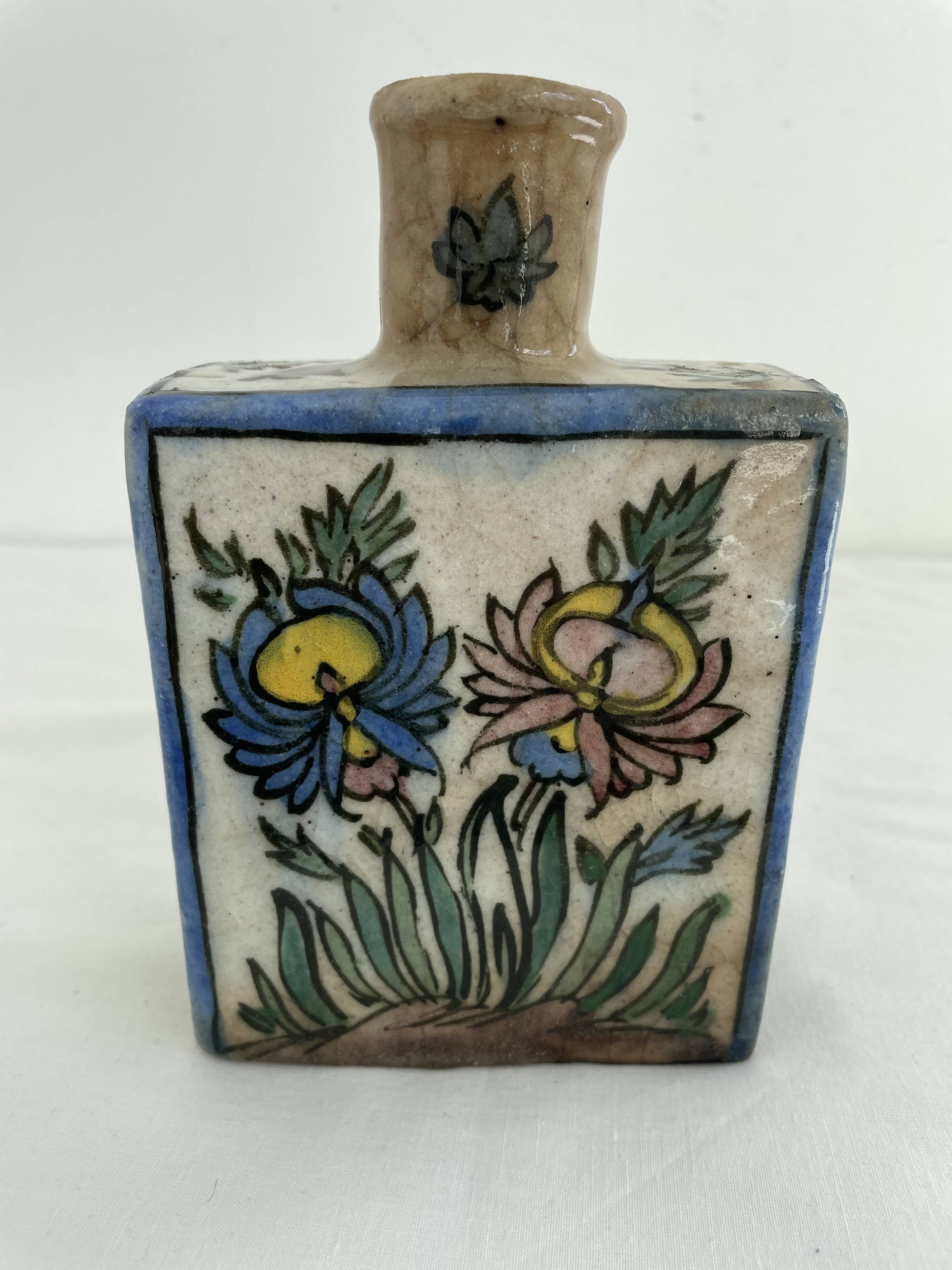 Persian bottle, antique vase with polychrome flower decoration, Kagjar style, antique ceramic
