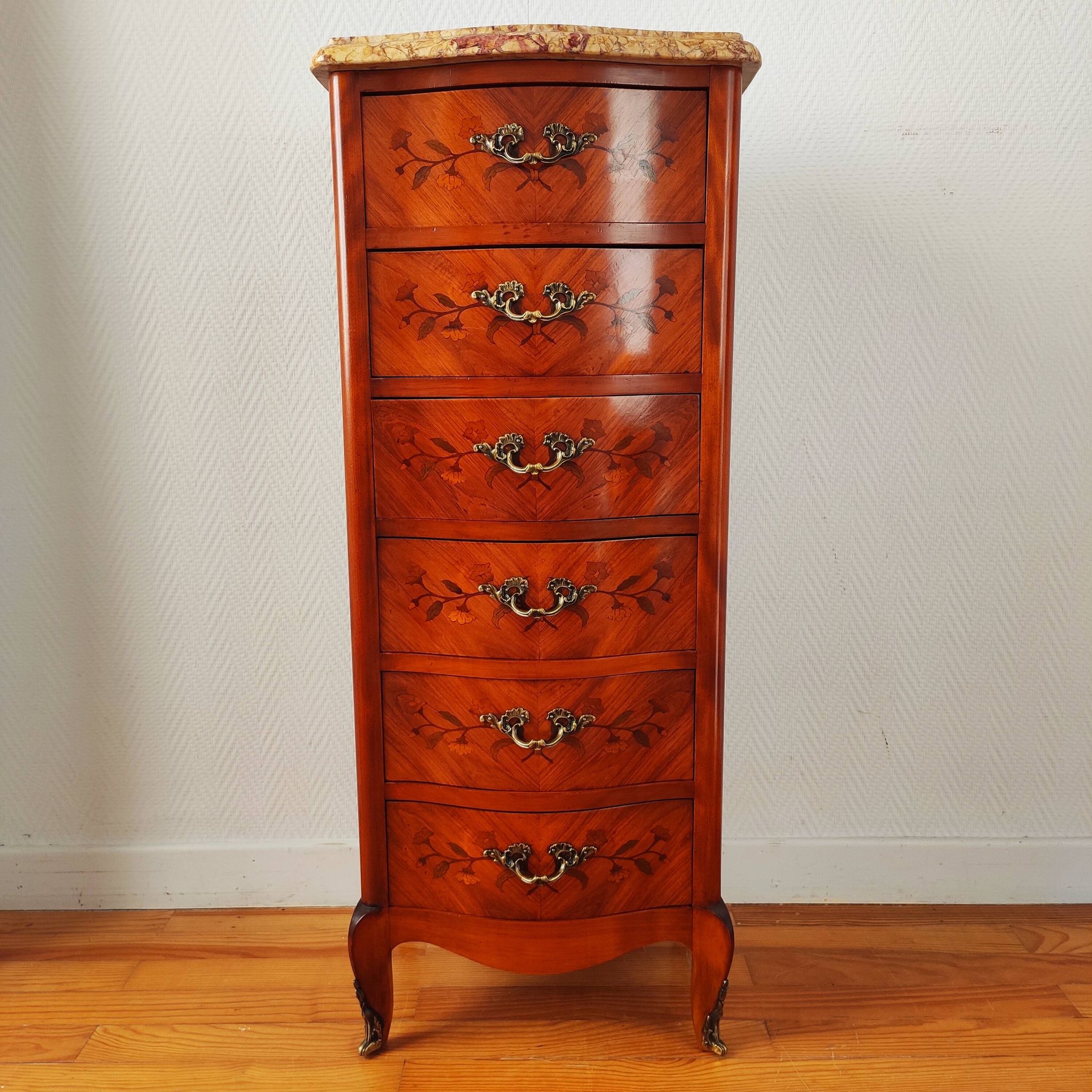 Curved chest of drawers in marquetry – marble top – Louis XV style