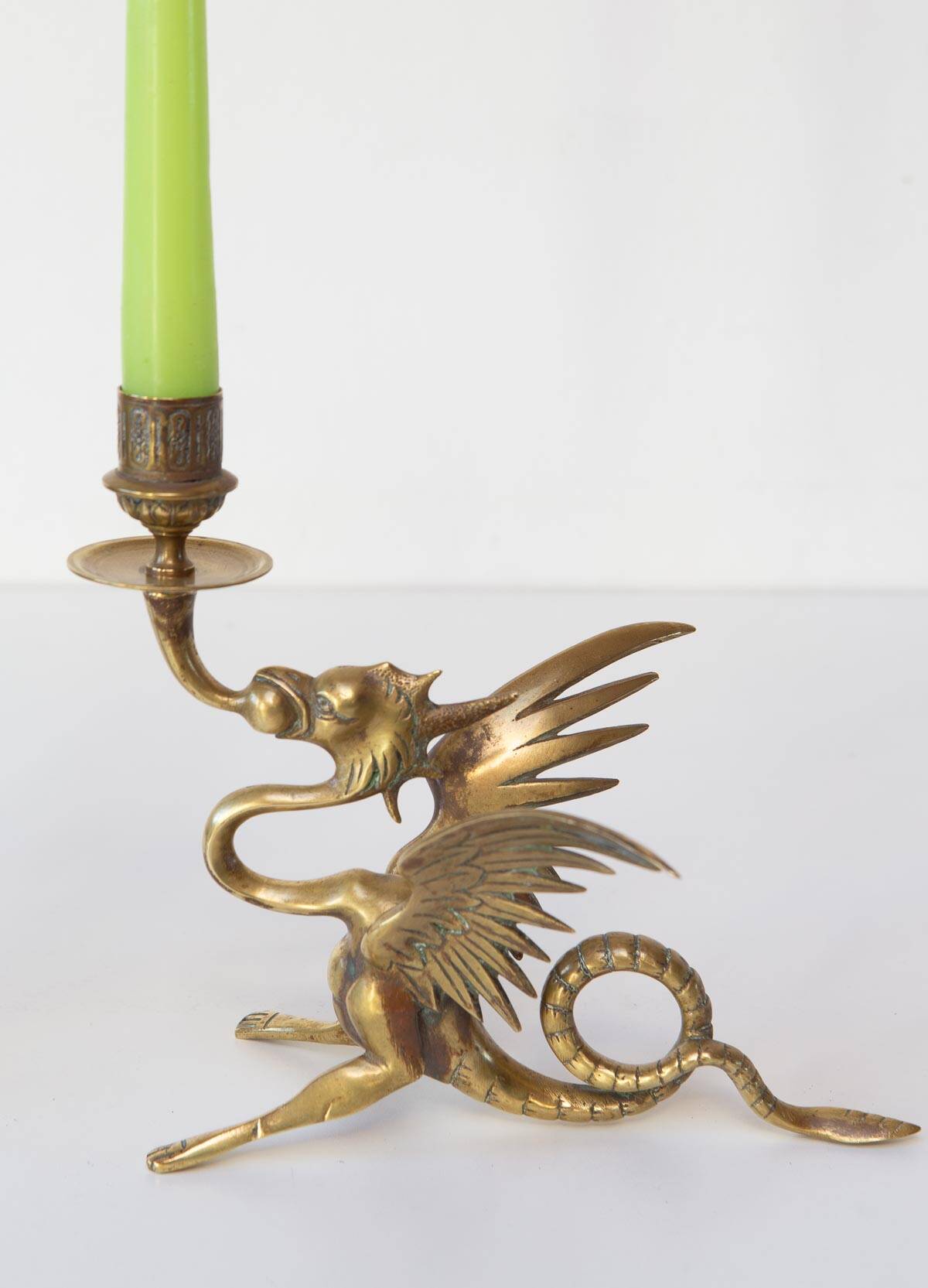 Pair of 19th century gilded brass “chimera” candlesticks