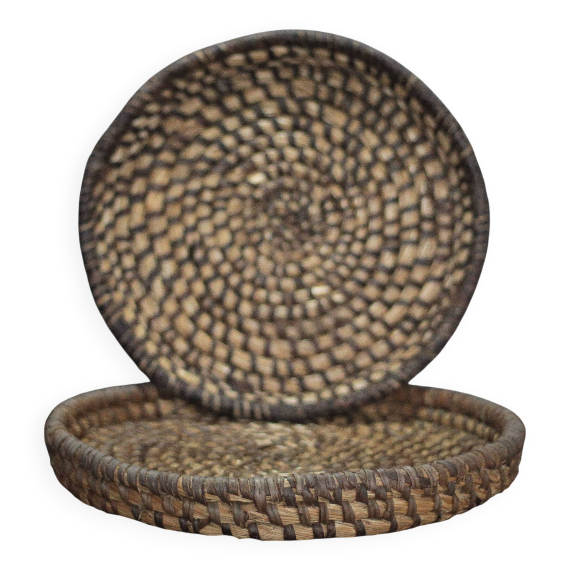 pair of old wicker trays, straw bourgne and bramble, woven bowl