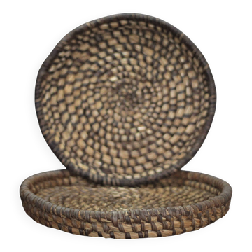 paire de plateaux osier ancien, bourgne paille et ronce, coupe tressé
