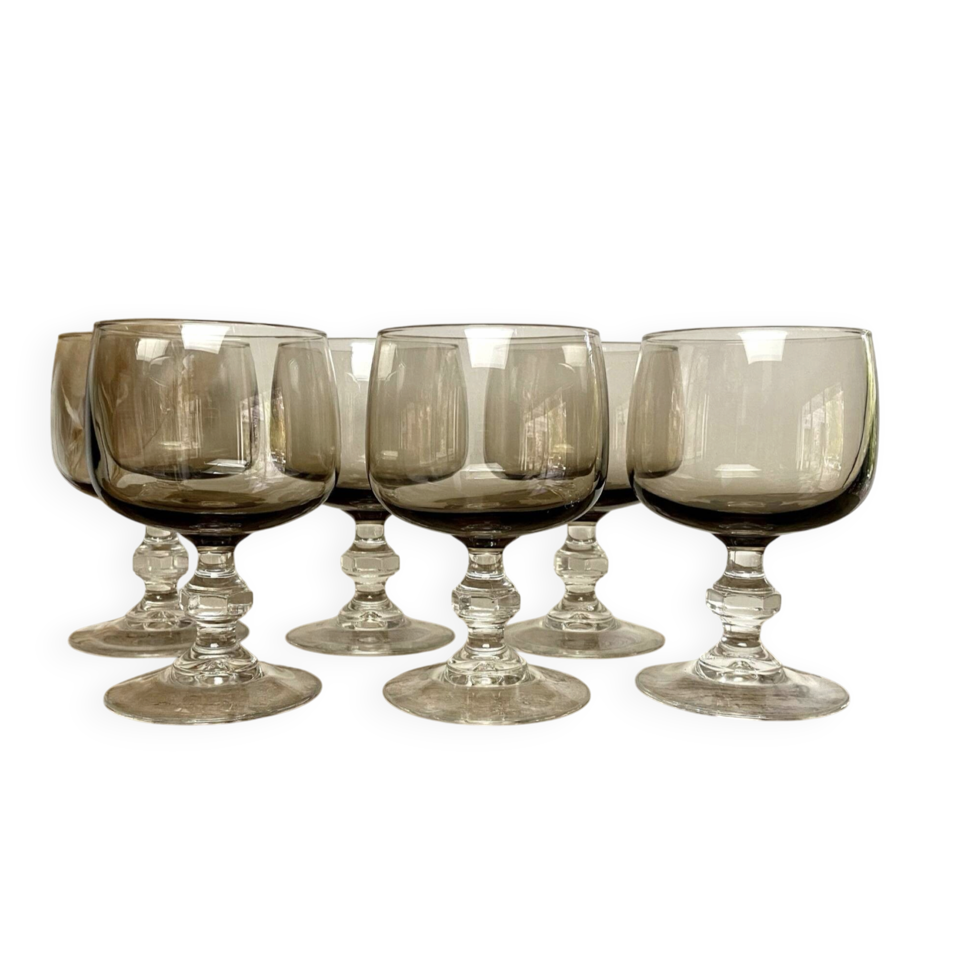 6 vintage smoked stemmed glasses