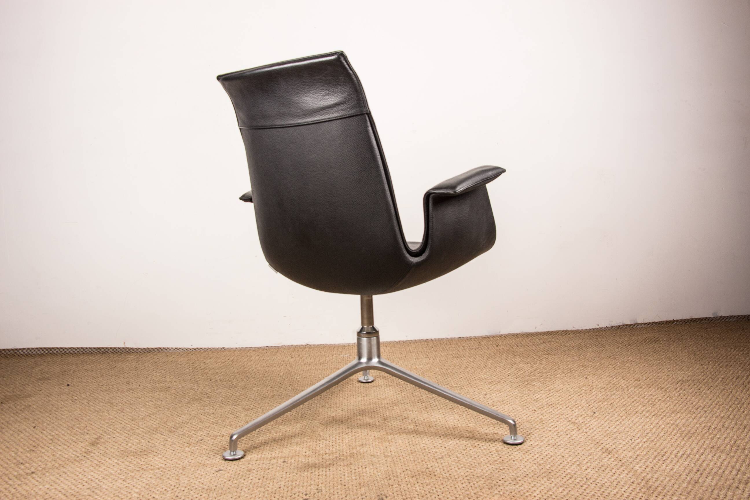 Danish armchair in black leather and chromed steel, model fk 6725 or “tulip chair” by preben fabricius