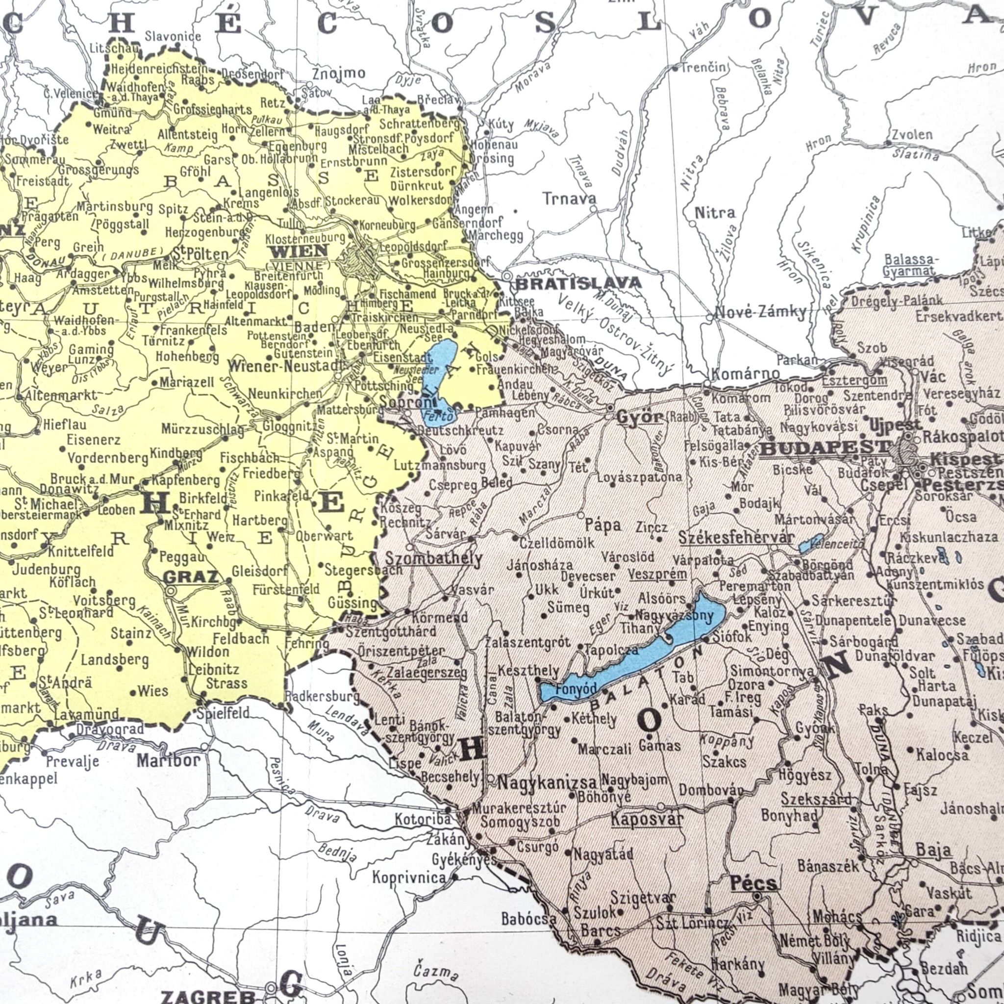 Old map of Austria, Czechoslovakia, Hungary 43x43cm from 1950