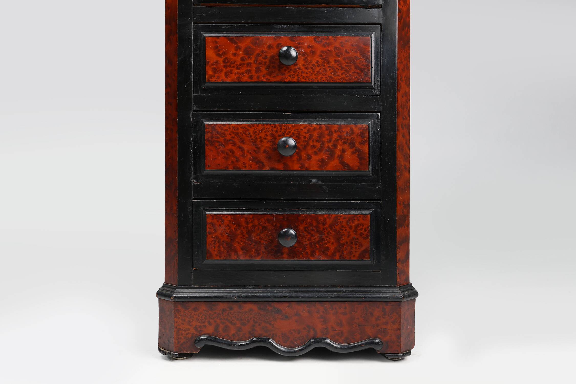 Rare Antique French chest of drawers in wood, burl veneer and marble, ca. 1