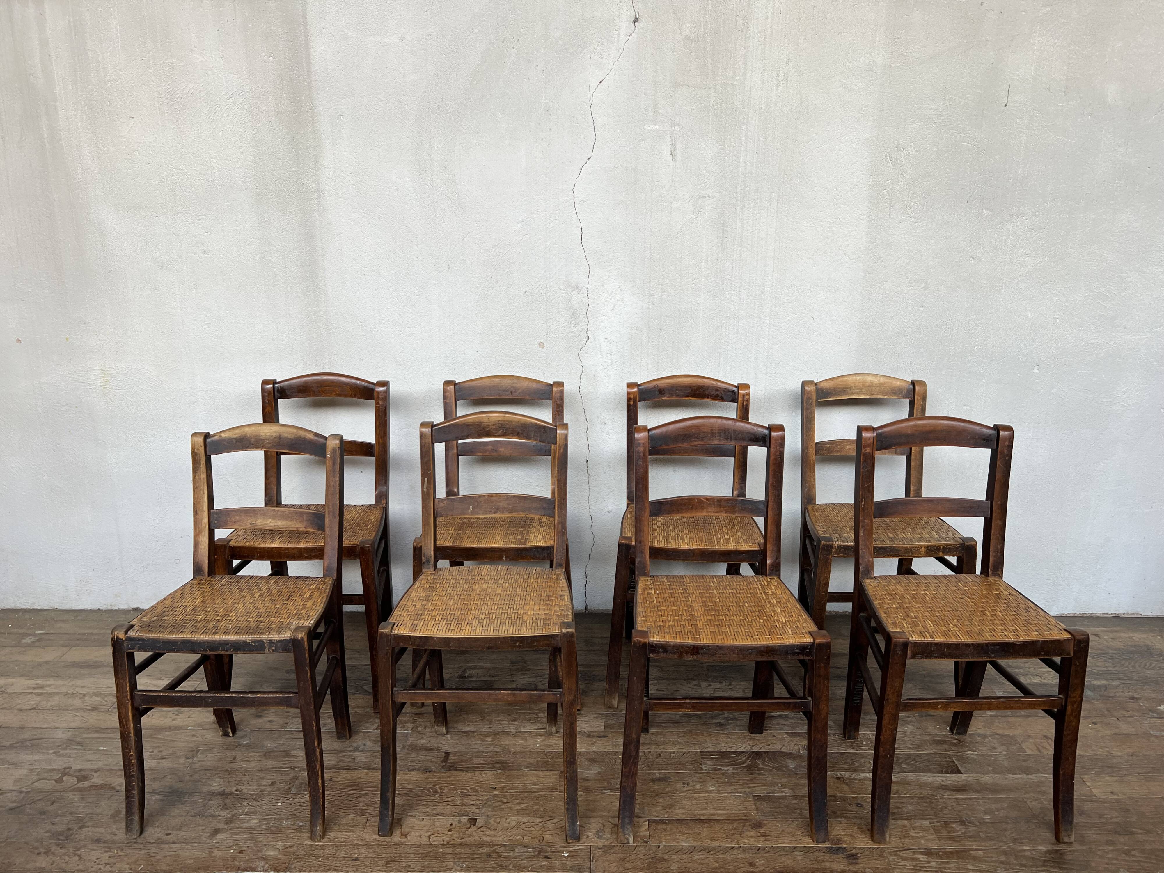 Series of 8 vintage bistro chairs early 20th wood and straw