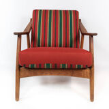 Armchair in oak and upholstered with red fabric, designed by H. Brockmann Pedersen, 1960s