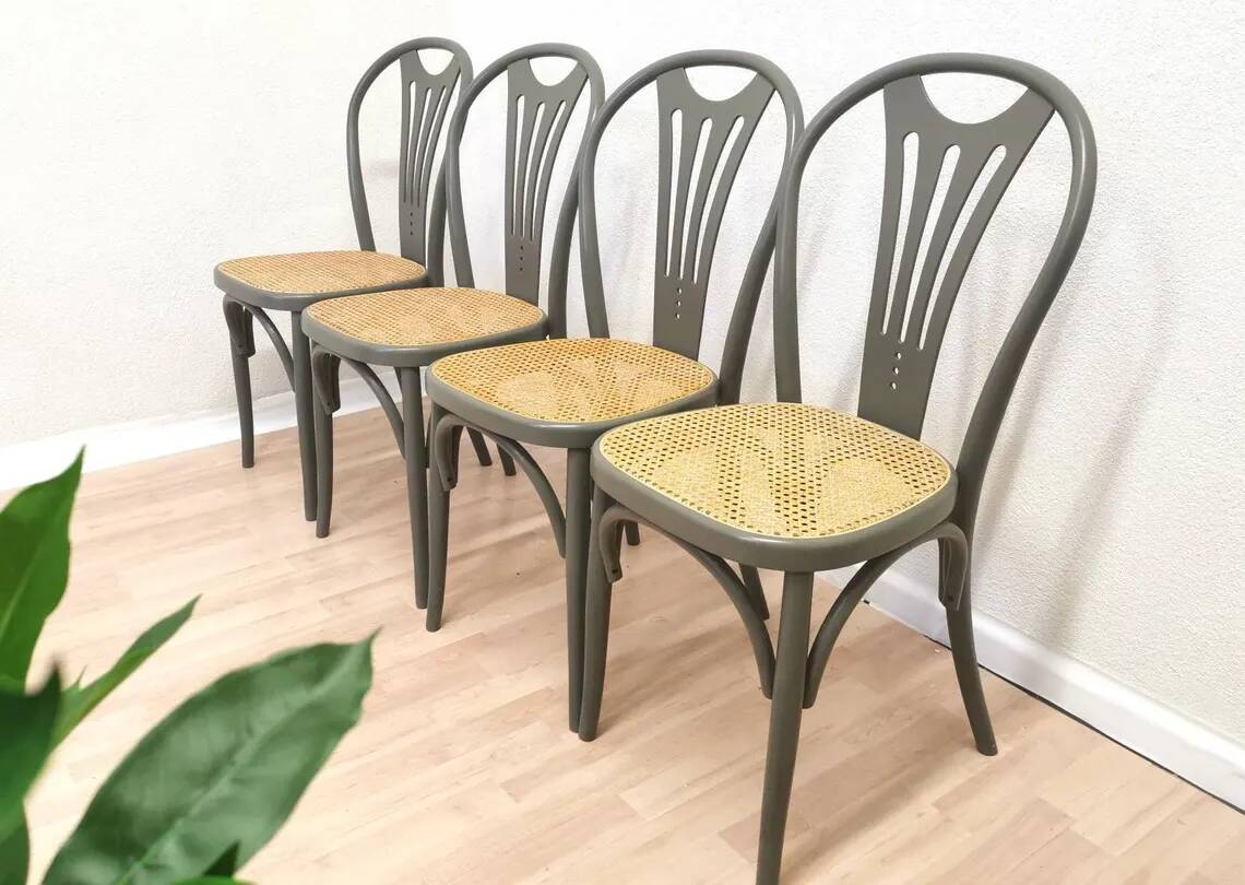 Set of 4 Vintage Gray Thonet Style Dining Chairs with Cane Seat