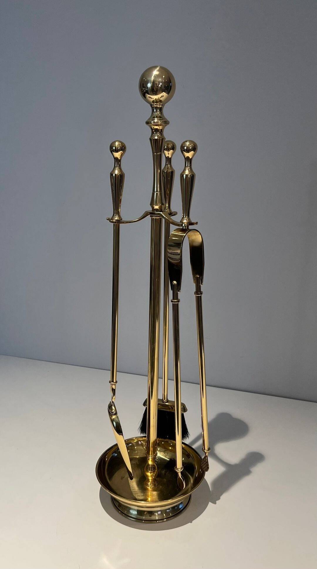 Neoclassical Fire Necessary in Polished Brass on Columnar Base Support