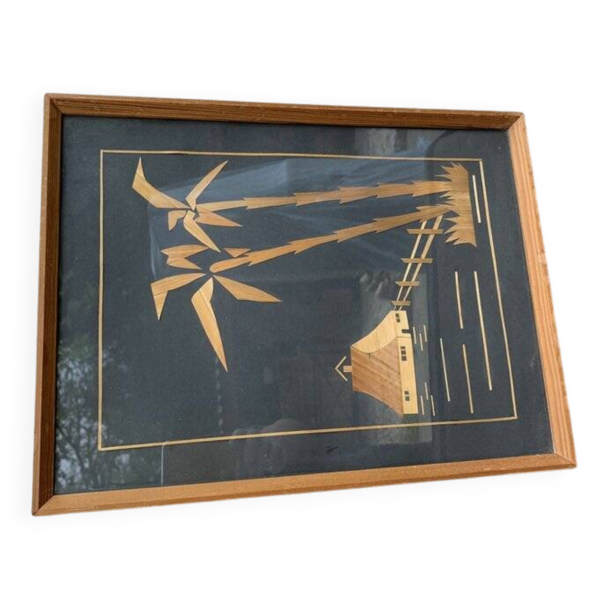 Vintage Hungarian wooden and glass table, artisanal marquetry, brown frame (1950s)