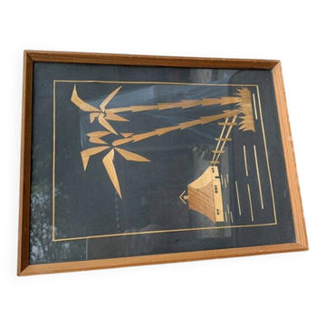 Vintage Hungarian wooden and glass table, artisanal marquetry, brown frame (1950s)
