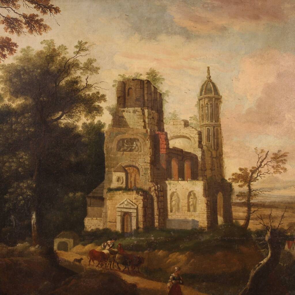 Antique French Oil On Canvas Landscape Painting From The 18th Century