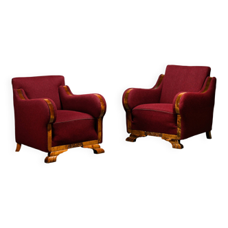 Pair Danish cabinetmaker Art Deco Armchairs in burgundy wool fabric