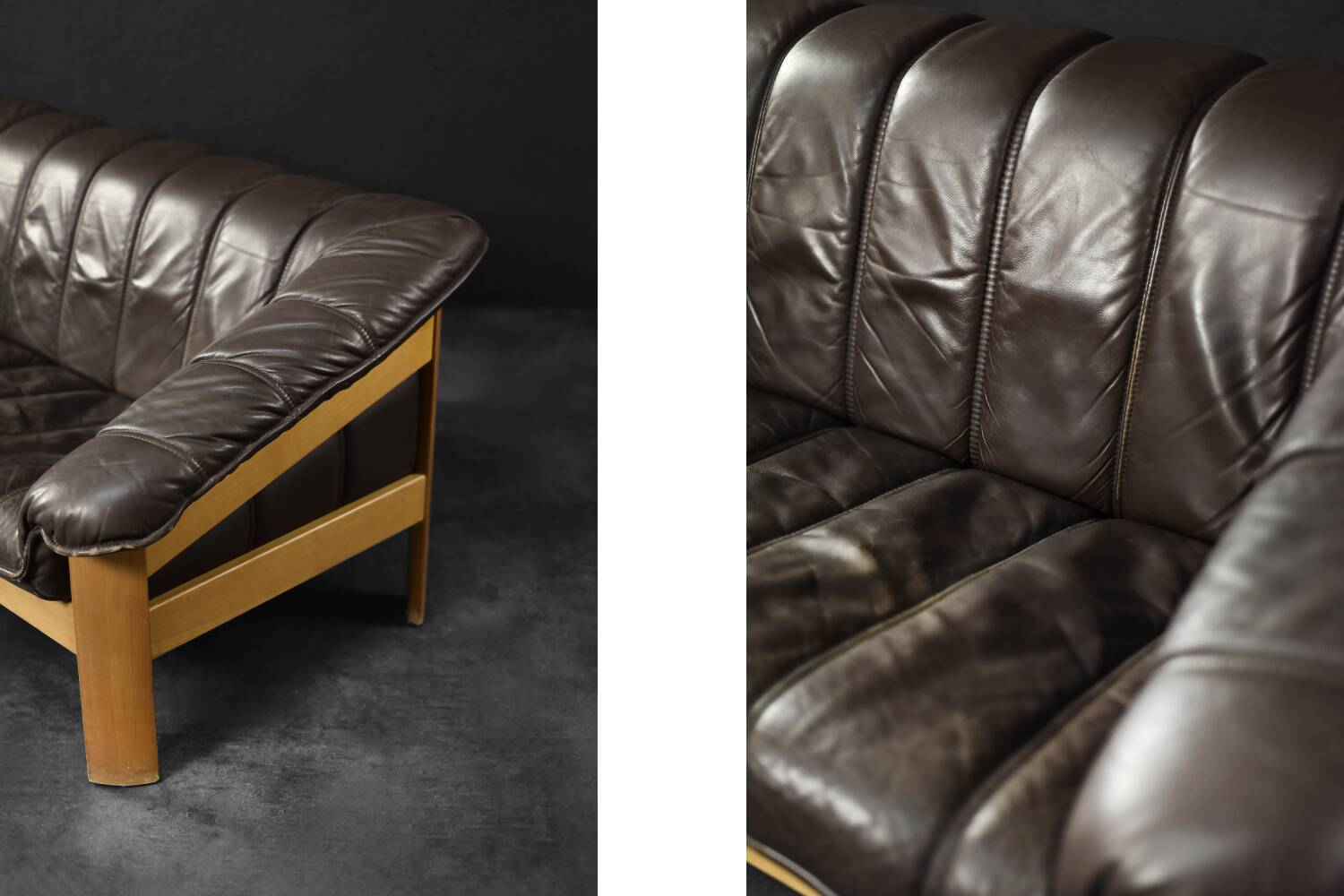 Vintage 2-seater brown leather canapé in modern Danish mid-century style from the 1970s.