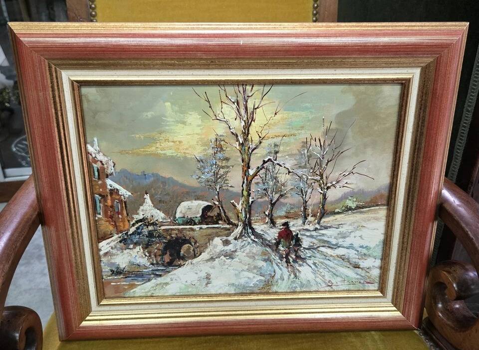Oil on panel signed B. Franco depicting a lively winter landscape.