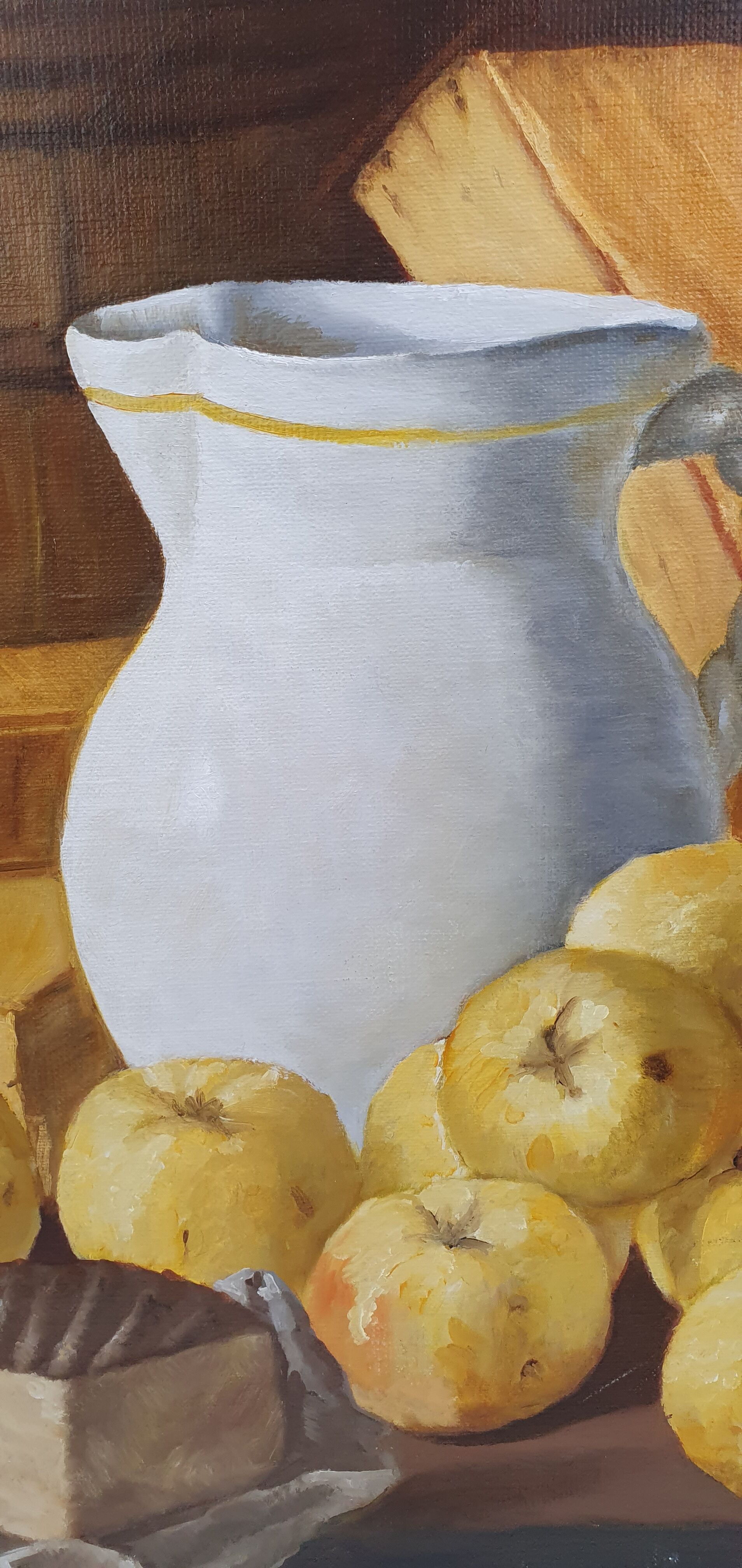 Oil on canvas still life not signed apples pitcher kitchen