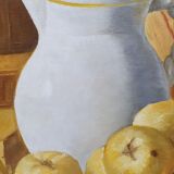 Oil on canvas still life not signed apples pitcher kitchen