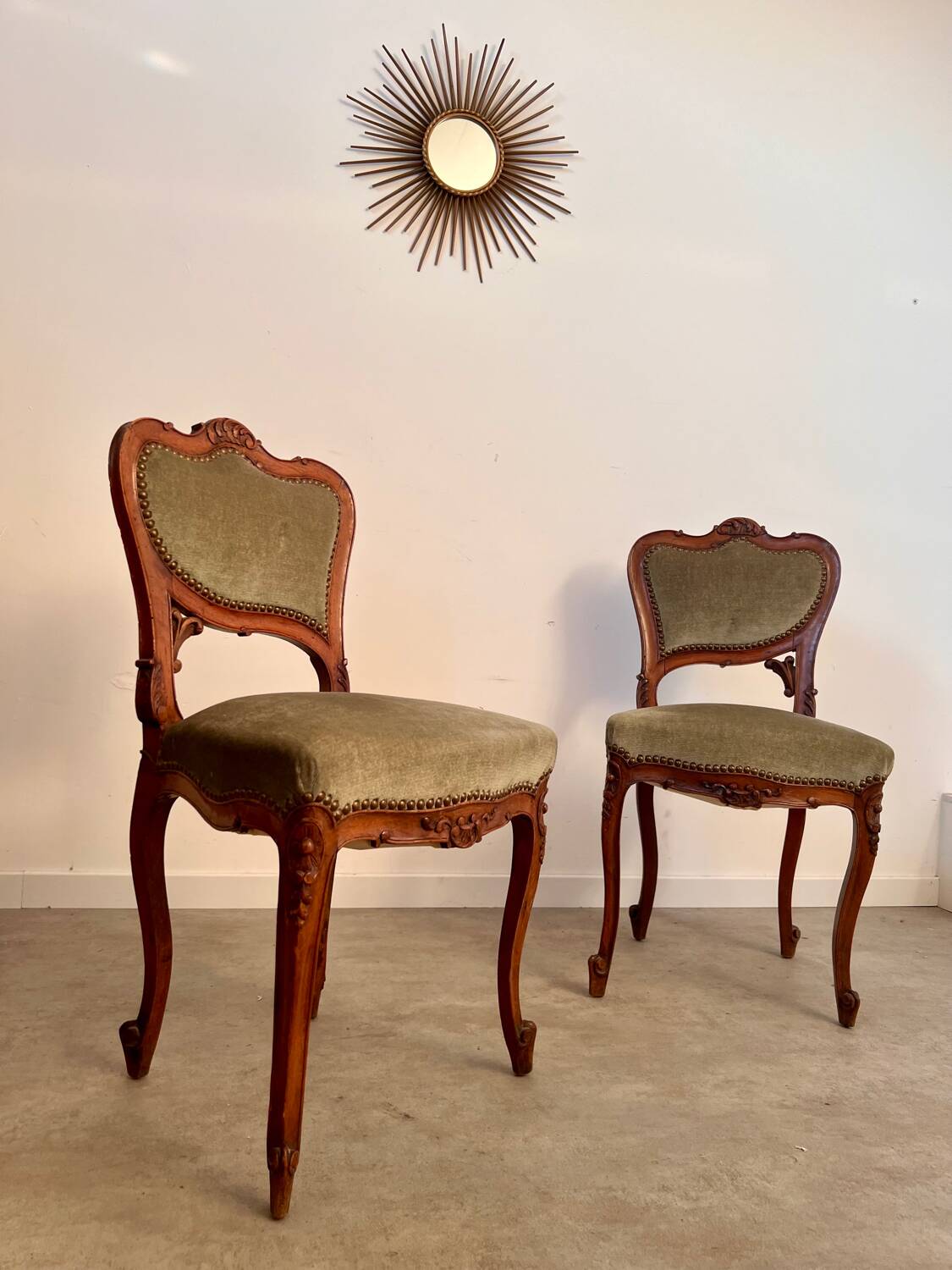 Lot 2 old Louis XV style carved solid walnut chairs late 19th century