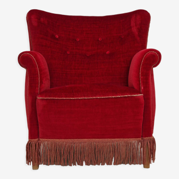 Danish vintage armchair in cherry-red velour, 1960