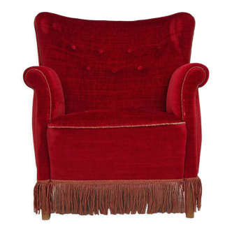 Danish vintage armchair in cherry-red velour, 1960