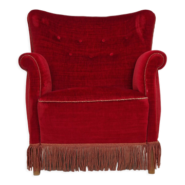 Fauteuil vintage danois en velours rouge cerise, 1960