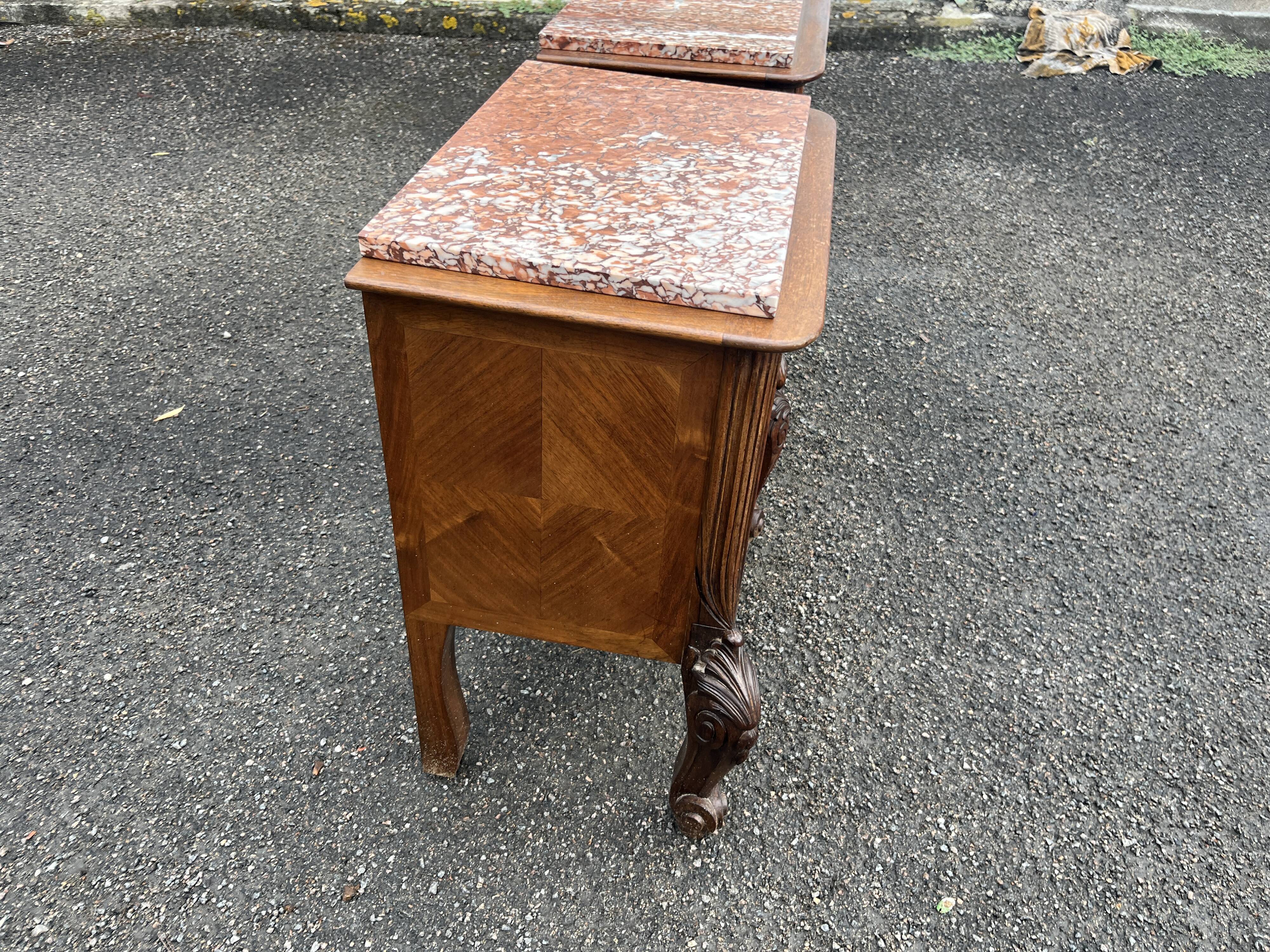Pair of Louis XV style bedside tables with marquetry veneer, marble top, f