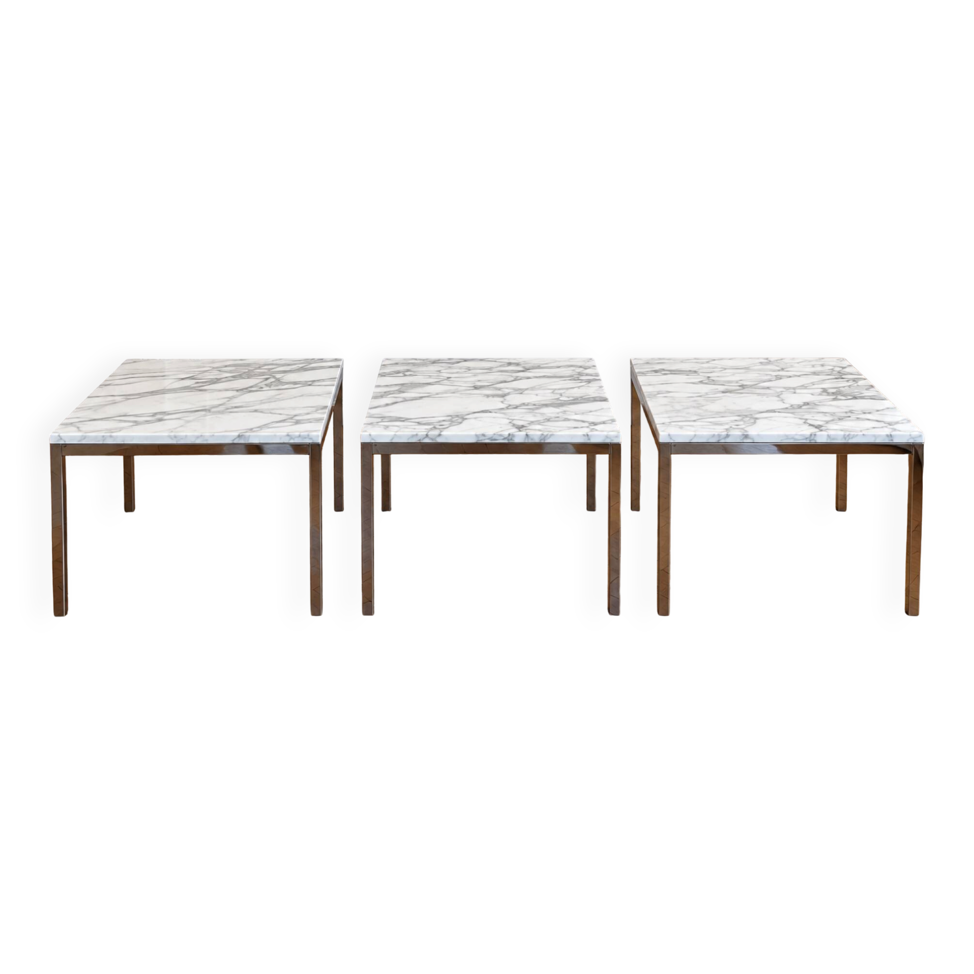 3 tables Florence Knoll – marbre blanc type Calacatta & acier chromé