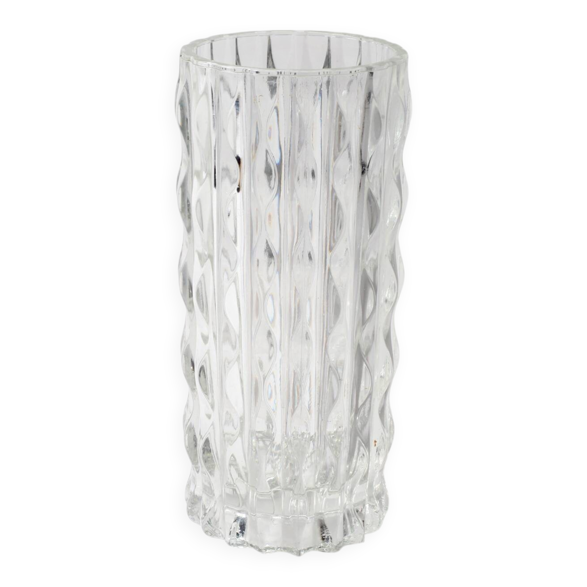 Vase à fleurs vintage en verre massif, lourd et transparent, pressé à la main / Italie / Années 1970