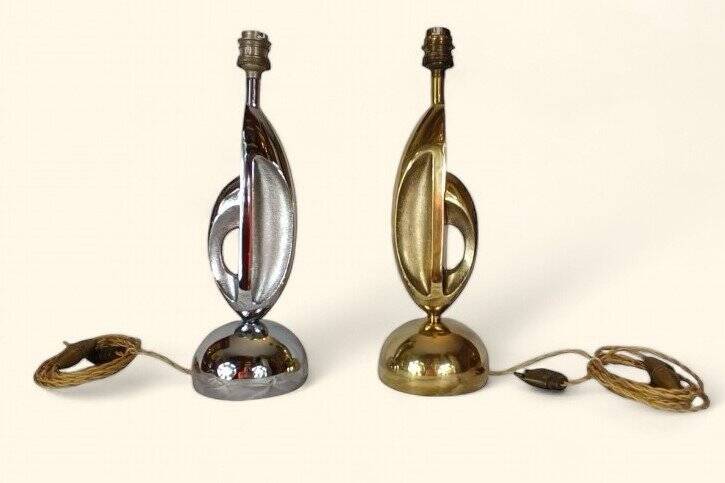Pair of "Space Age" Table Lamps in Copper and Chrome, 1970s.