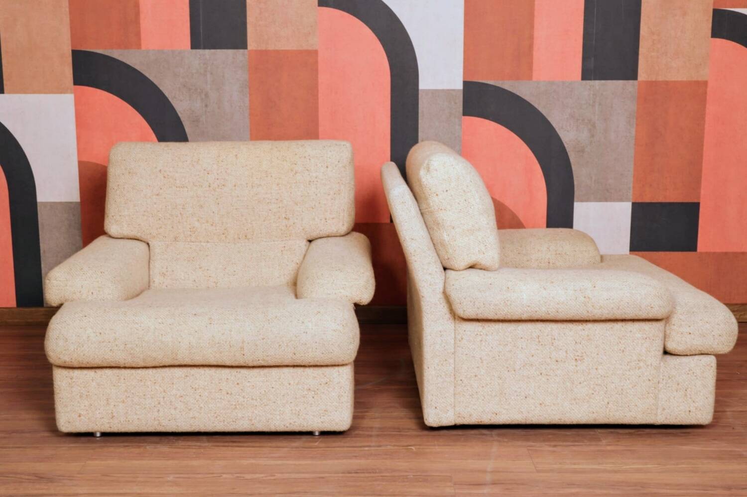 2 minimalist beige armchairs, 1970