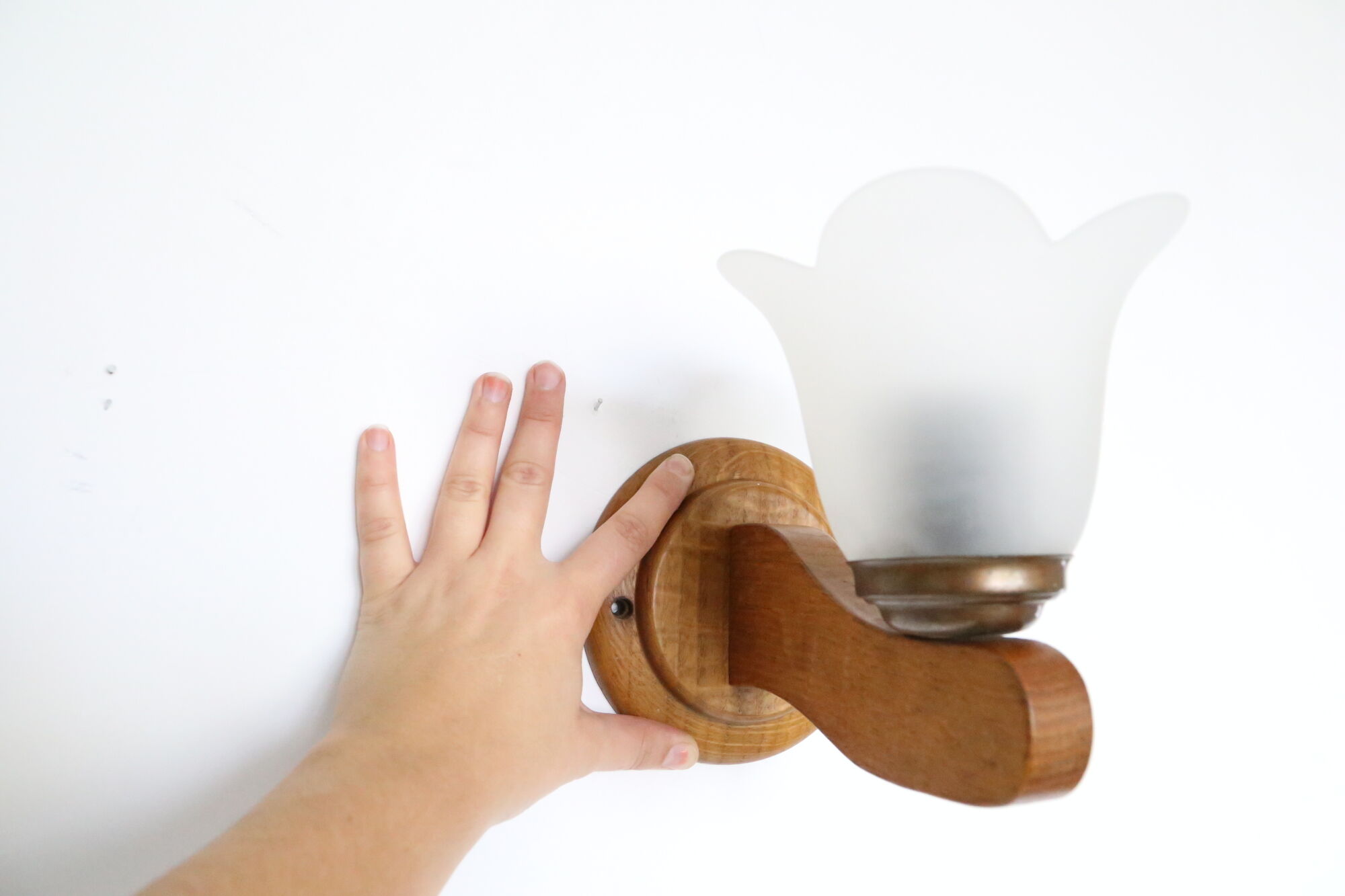 Duo of wooden appliques and tulip globe in scrambled glass, based on brass