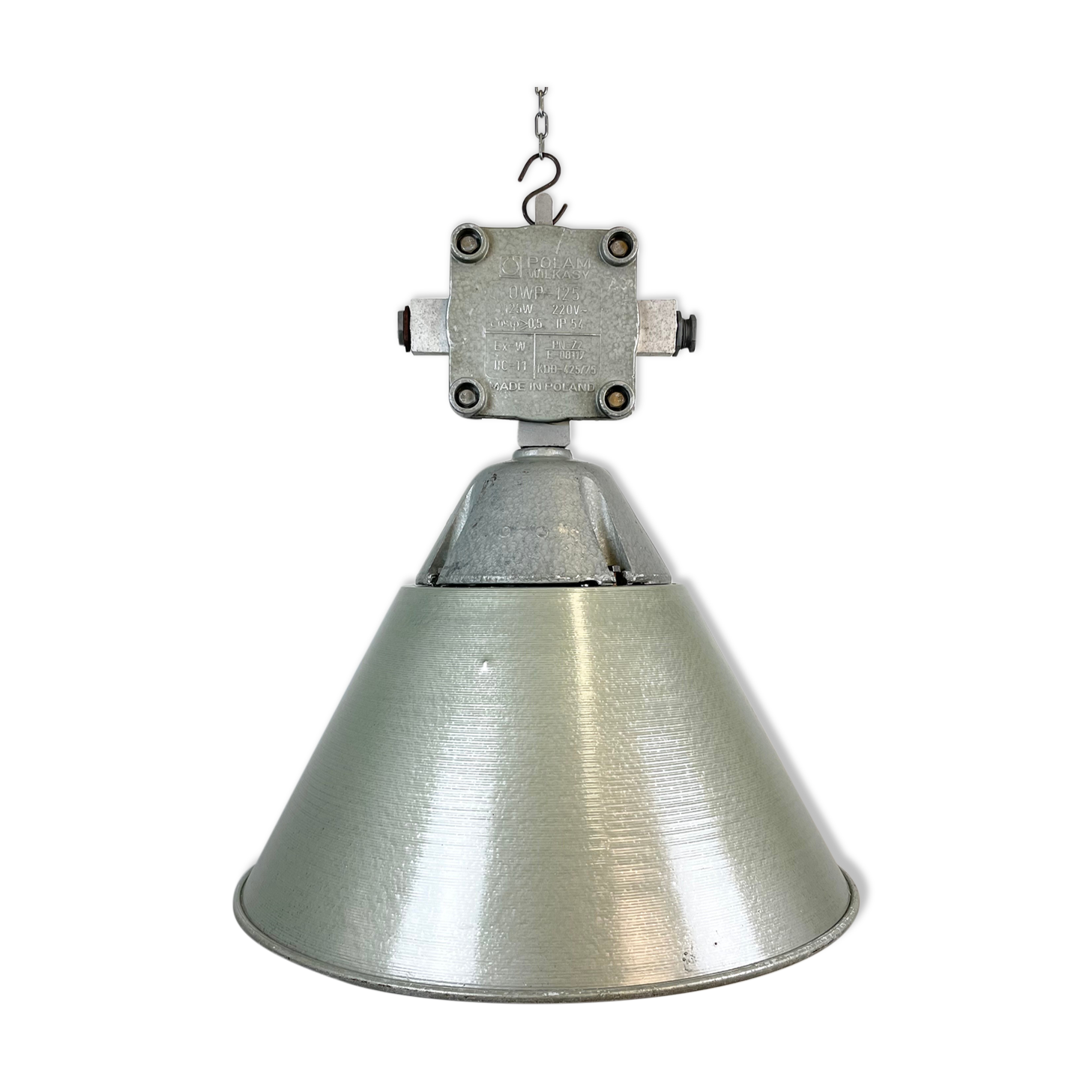 Industrial explosion proof lamp with aluminium shade from polam, 1970s
