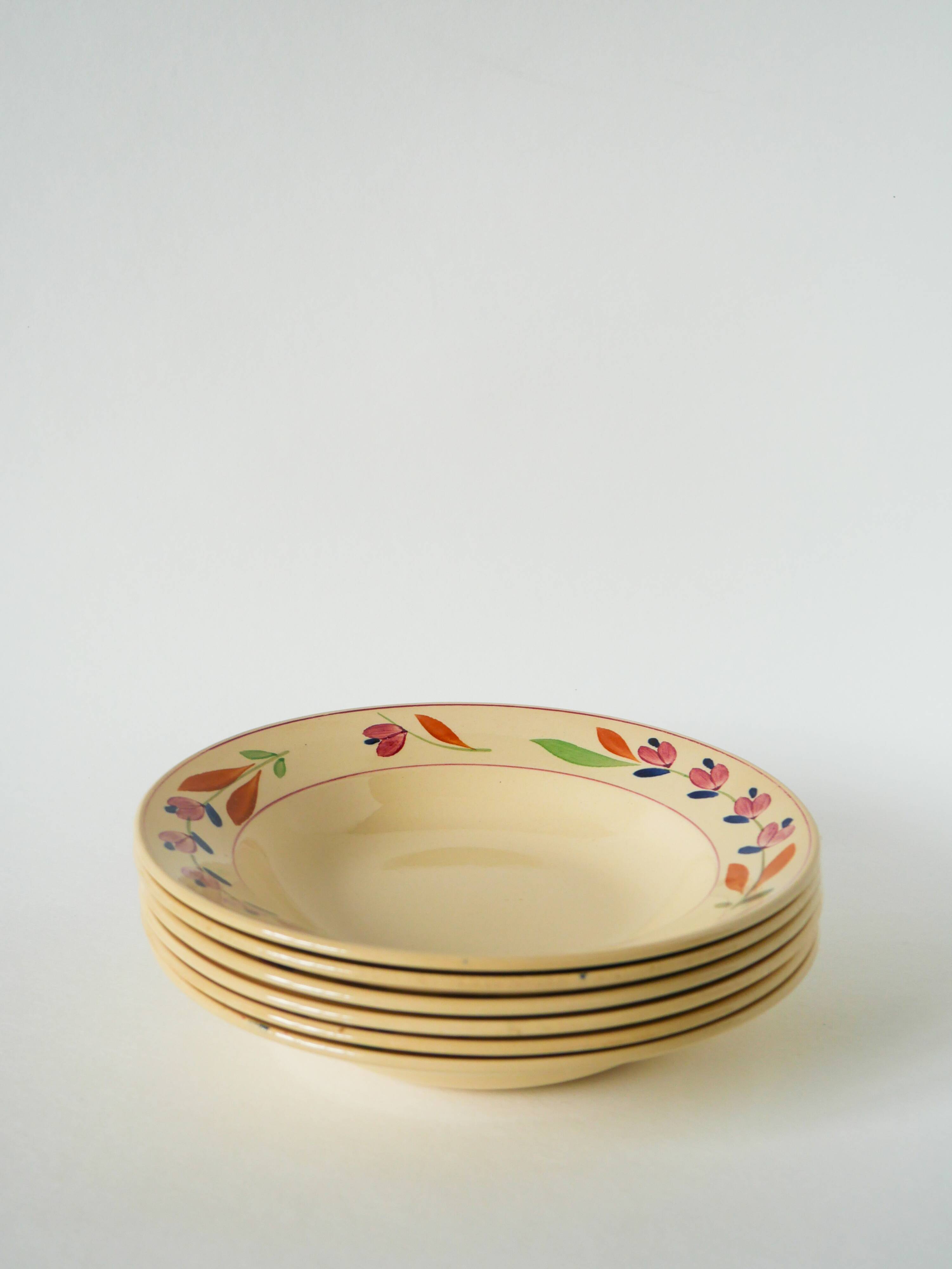 Set of 6 Gien flower soup plates, “Jeannine” model, 1940